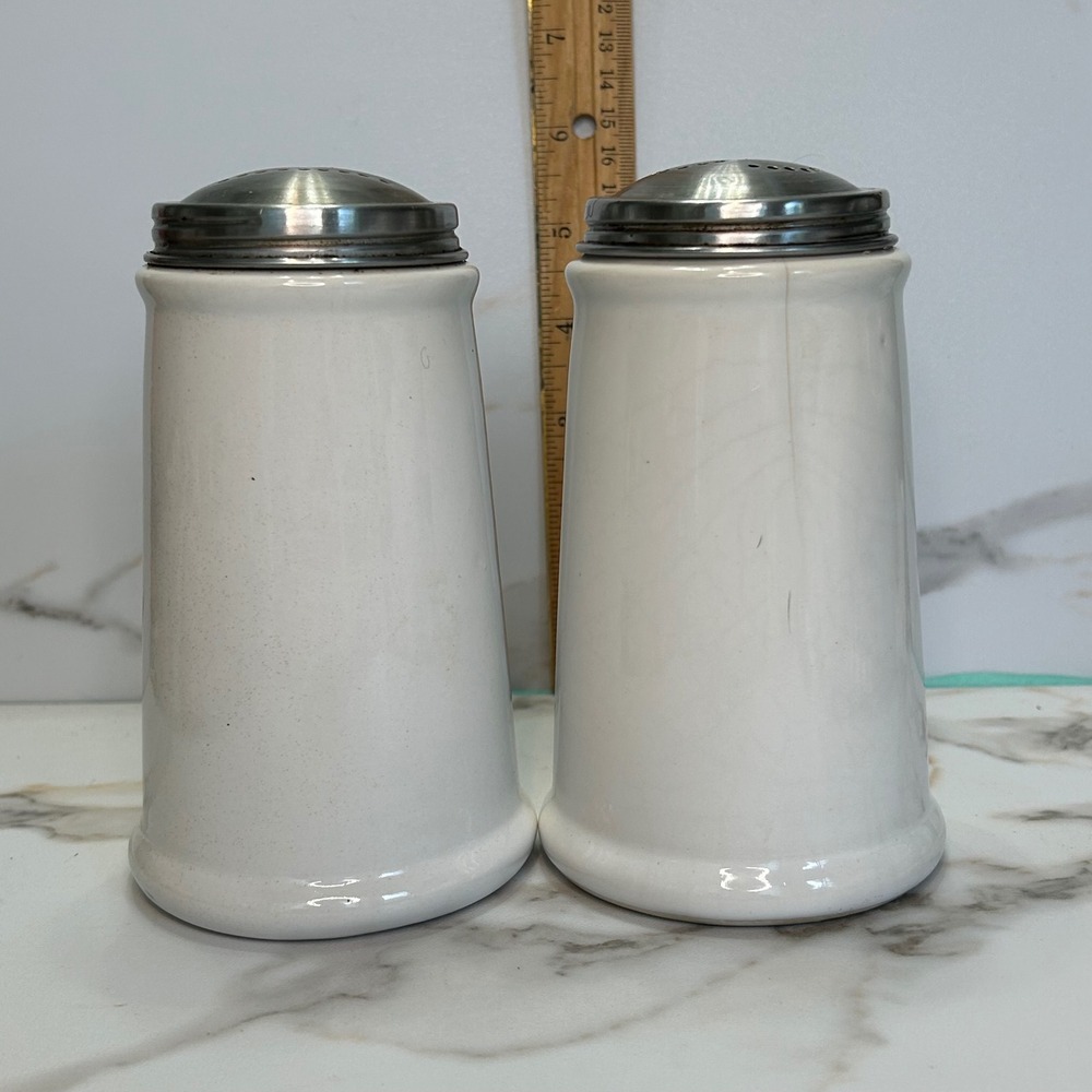 Royal Cuisine China Salt and Pepper Shakers White Ceramic Stainless Steel Lids - Picture 2 of 9